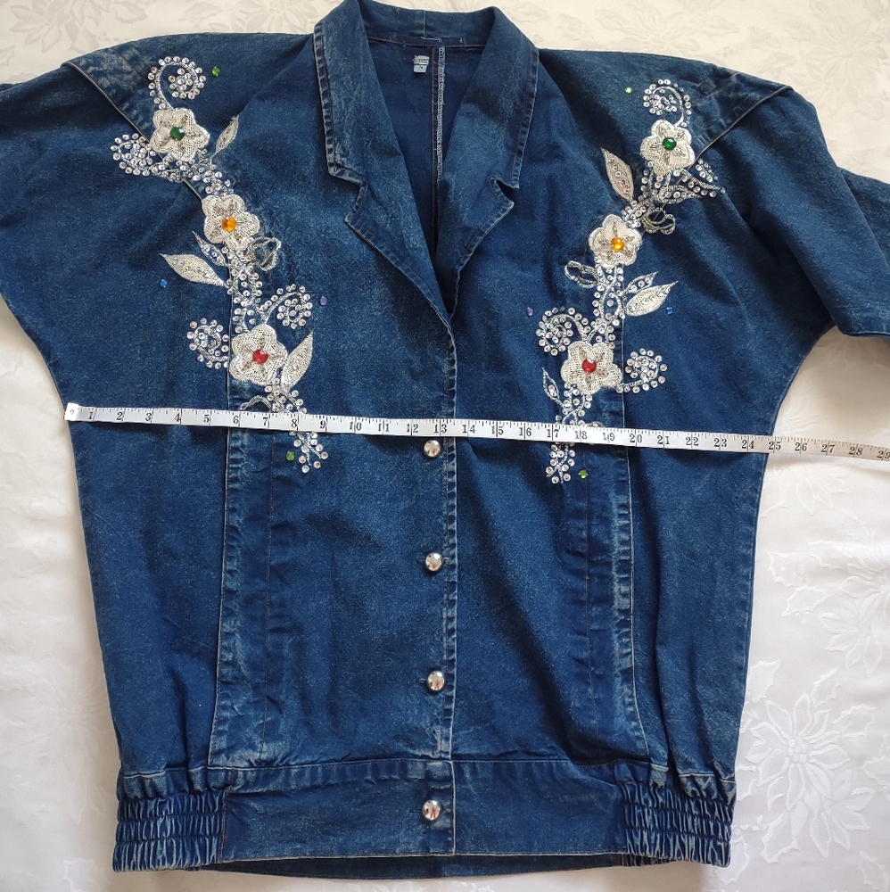 Oversize denim jeans floral sequins beads acid wash jacket - Picture 2 of 9